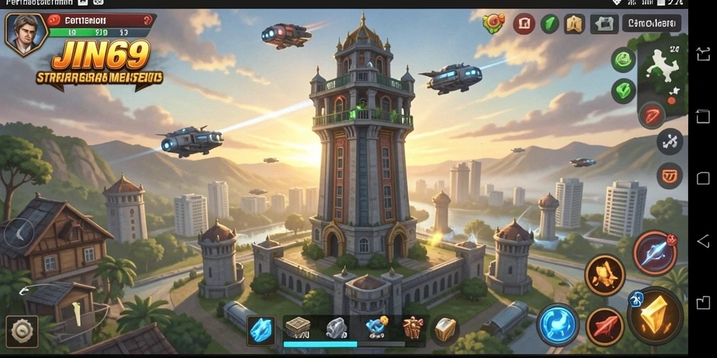 Screenshot gameplay JIN69 yang menunjukkan strategi pertahanan menara.