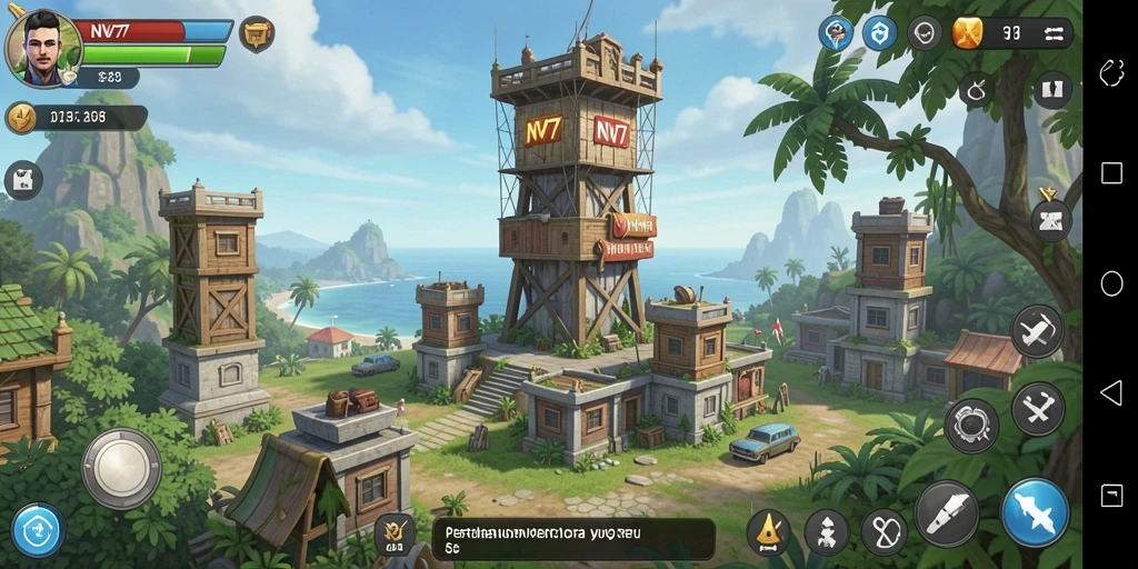 Tangkapan layar gameplay NV77 menampilkan aksi menara pertahanan yang intens.